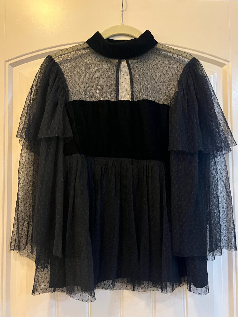 United Colors of Benetton - Black tiered sleeve velvet/mesh mock neck blouse - S